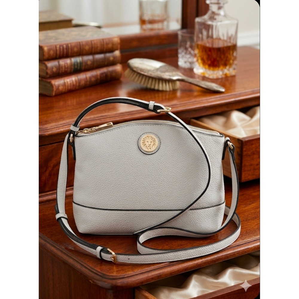 Anne Klein Crossbody Bag Cream Pebble Faux Leather Lion Logo Gold Hardware
